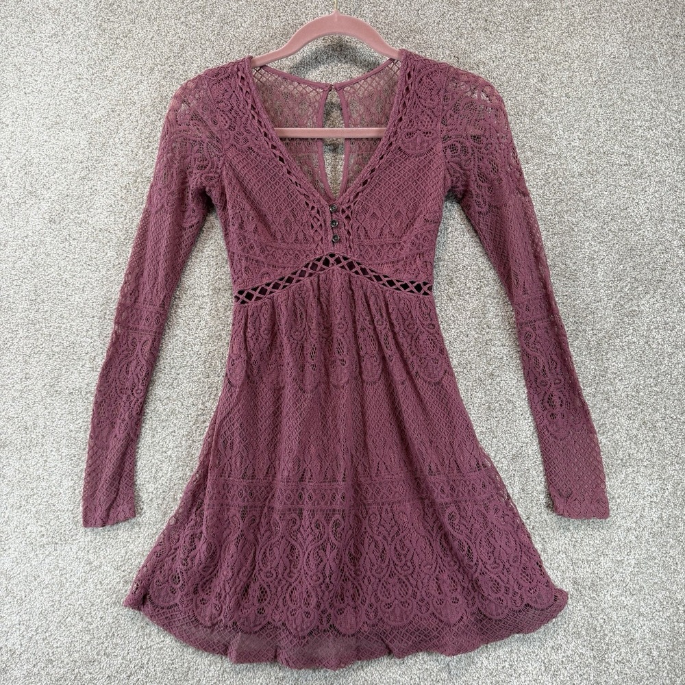 Y2K Hollister Pink Crochet Lace Baby Doll Top Womens XS 00 Long Side Zip VTG